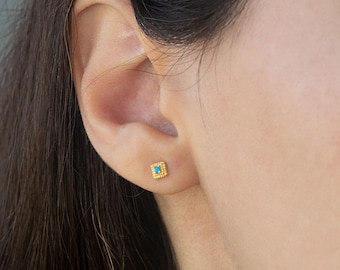 Tiny Turquoise Square Studs . Dainty Minimal Earrings . Dot Stacking Ear Studs . Sold in PAIRS