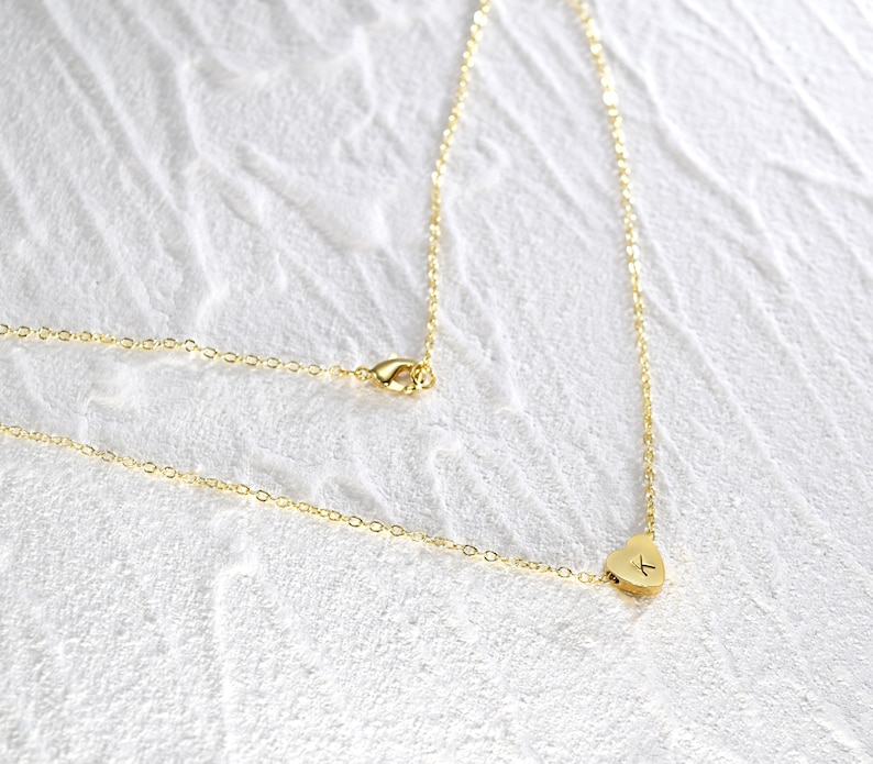 Tiny Initial Heart Necklace . Hand Stamped Letter Necklace . Dainty Layering Necklace image 3