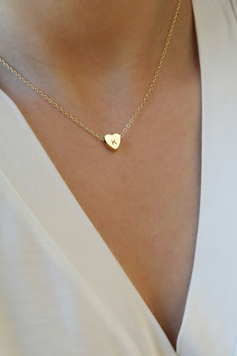 Tiny Initial Heart Necklace . Hand Stamped Letter Necklace . Dainty Layering Necklace image 6