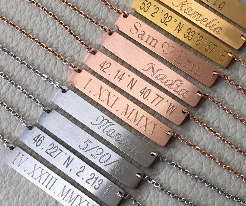 Name Bar Necklace . Custom Coordinates Neckace . Roman Numeral Necklace image 4