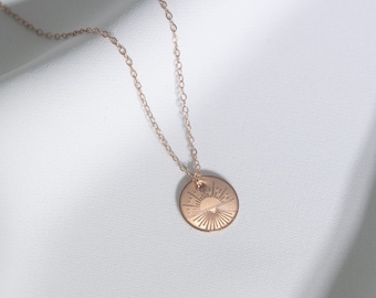 Sunset Necklace . Sun Burst Pendant . RoseGold Filled Coin Necklace . Gift for Girlfriend