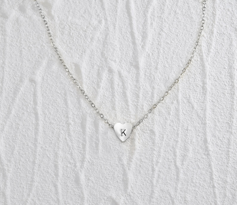 Tiny Initial Heart Necklace . Hand Stamped Letter Necklace . Dainty Layering Necklace image 5