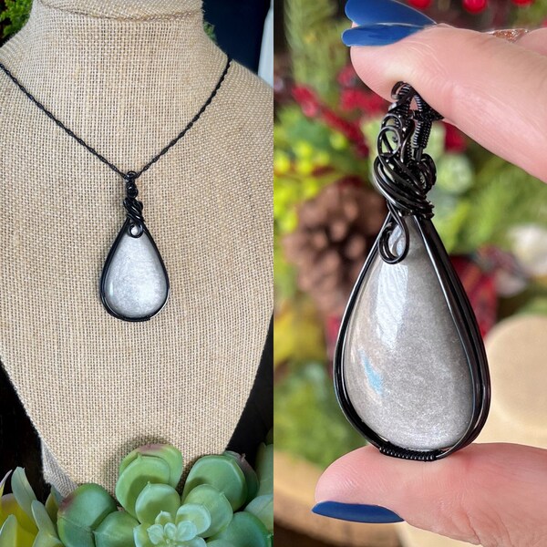 Wire Wrapped Silver Sheen Obsidian Necklace