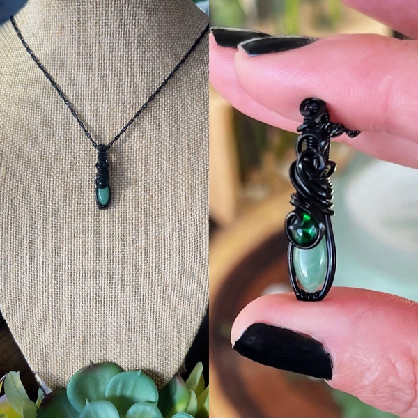 Wire Wrapped Aventurine with Faux Emerald Necklace