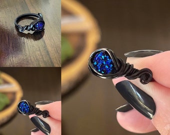 Draad gewikkeld blauwe Peacock Druzy Ring-MAAT 6 3/4