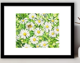 Daisy Field Art Print, Watercolor Wildflowers Art Print, Summer Honey Bee Painting, Watercolor Bee on Daisies, Floral Wall Art, Gift for Mom
