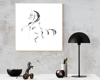 May include: A black and white ink drawing of a horse in a simple wooden frame. The drawing is on a white background and the horse is in a profile pose.