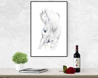 May include: A black framed watercolor painting of a white horse with its mane flowing in the wind. The horse is depicted in a dynamic pose, with its head turned to the side and its legs extended.