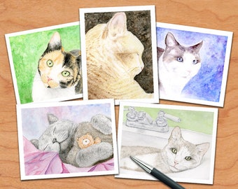 CAT NOTE CARDS, Cat Stationery, Watercolor Cats Notecard Set by Dolores Robak, Cat Lovers Blank Greeting Cards, Cat Art Cards with Envelopes