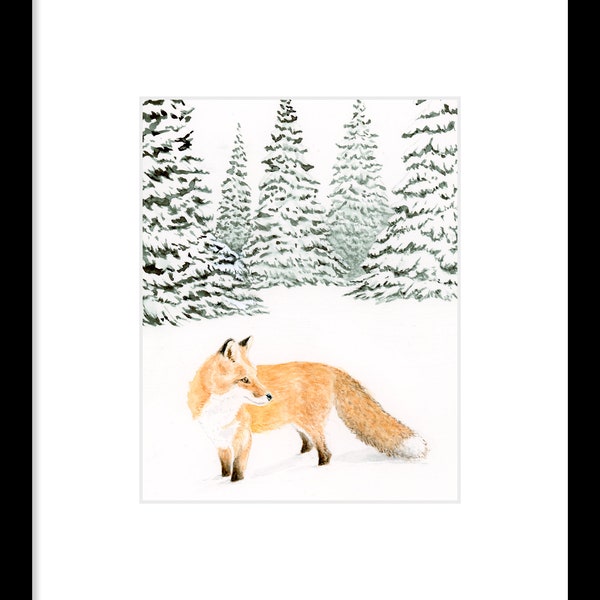 Red Fox in Snow Watercolor, Red Fox Wall Art, Fox Art, Fox Print, Fox Gifts, Winter Painting, Snowy Fox Art, 5x7 Wildlife Art, Nature Art