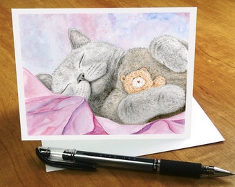 GRAY CAT CARD, Russian Blue Cat Card, Grey Cat Mothers Day Cat Lover Card, British Shorthair Card, Cat Greeting Card, Watercolor Cat Card