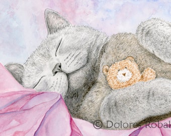 RUSSIAN BLUE CAT Art, Gray Cat Watercolor Print, Sleeping Grey Cat Painting by Dolores Robak