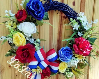 Patriotic July 4th Front Door Wreath- 4th of July Wreath for Front Door- Summer Grapevine Floral Wreath- 4th of July Decor- Americana Decor