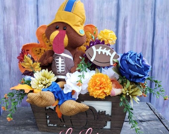 Football Theme Fall Decor- Thanksgiving Turkey Faux Flower Arrangement- Fall Centerpiece with Turkey- Autumn Table Decoration- Football