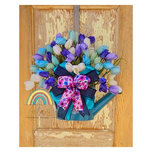 Watering Can Wall Pocket w/ Tulips- Spring Tulip Door Hanger- Spring Wreath Alt- Summer Wreath Alt- Hanging Basket Door Decor- Tulip Wreath