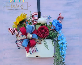 4th of July Decoration- Patriotic Decor- Red, White & Blue Americana Floral Arrangement- Wall Pocket, Door Hanger, Wreath Alternative