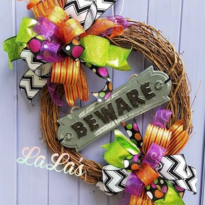 Halloween Grapevine Wreath for Front Door- Cute Halloween Wreath- Whimsical Halloween Decoration- Halloween Wreath w Big Bows- Beware