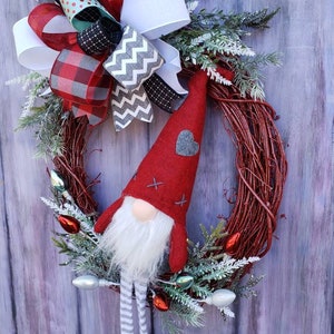 Gnome Christmas Wreath for Front Door Christmas Gnome Decor Grapevine Wreath w/ Gnome Christmas Mantle Decoration Holiday Wreath image 2