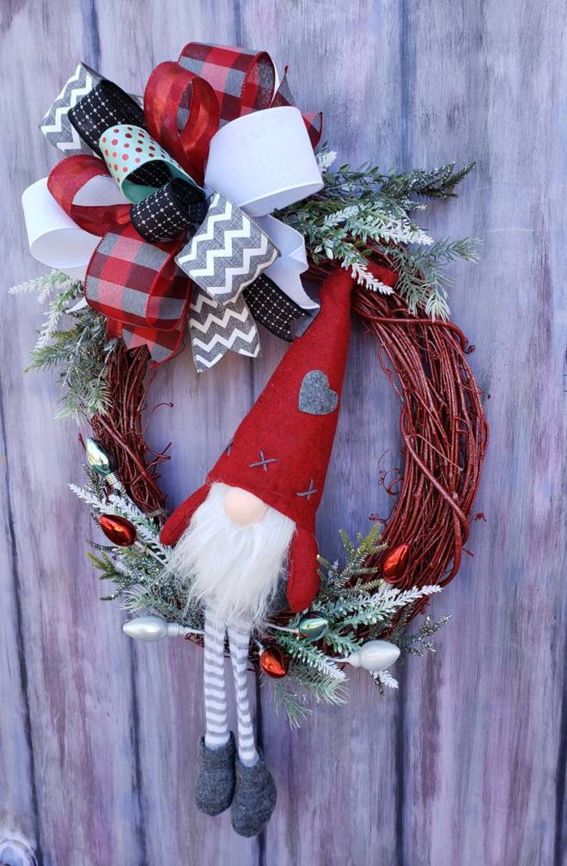 Gnome Christmas Wreath for Front Door Christmas Gnome Decor Grapevine Wreath w/ Gnome Christmas Mantle Decoration Holiday Wreath image 2