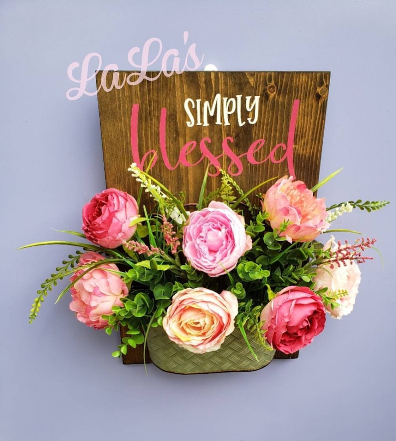 Simply Blessed Wood Sign With Flowers Floral Wall Pocket Etsy