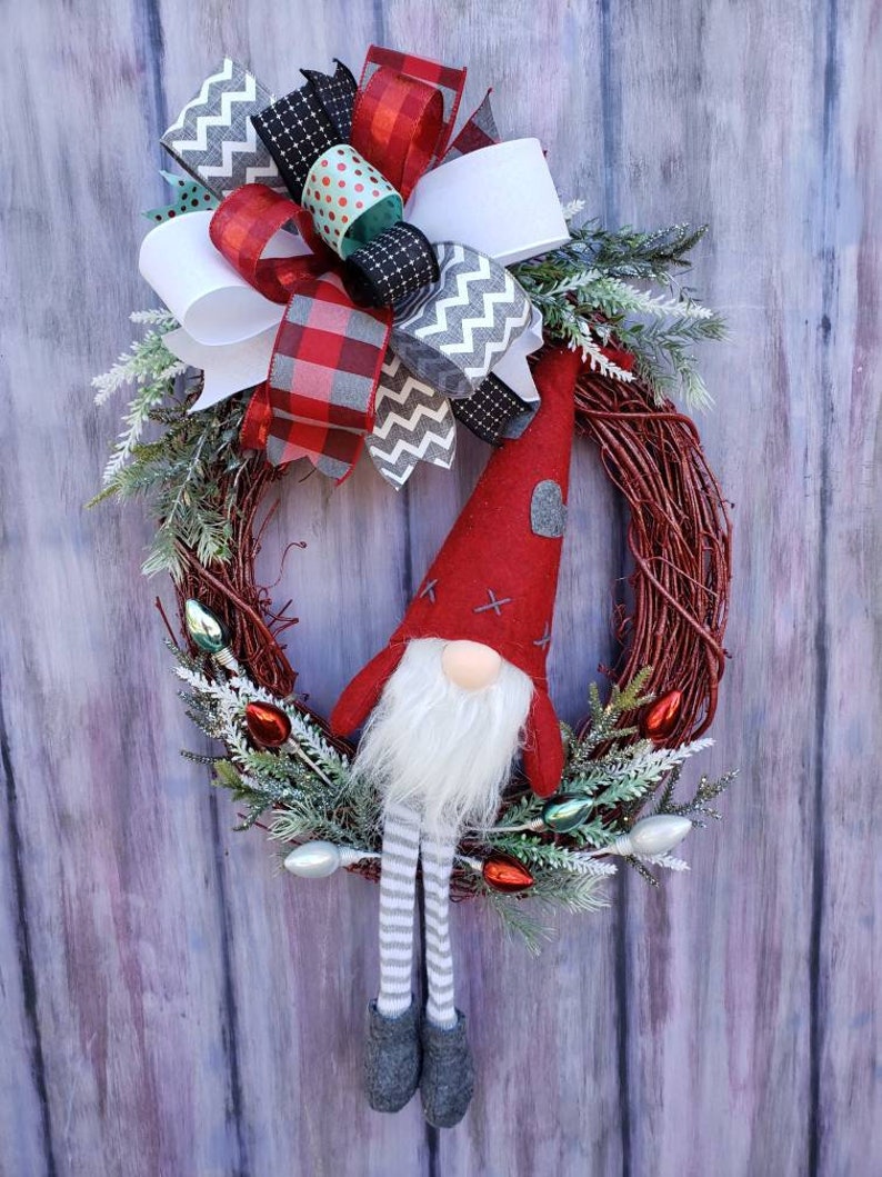 Gnome Christmas Wreath for Front Door Christmas Gnome Decor Grapevine Wreath w/ Gnome Christmas Mantle Decoration Holiday Wreath image 9