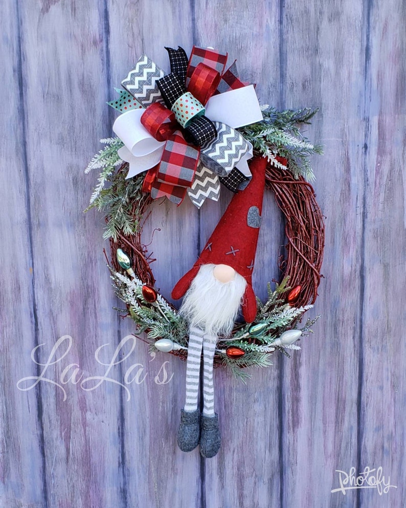 Gnome Christmas Wreath for Front Door Christmas Gnome Decor Grapevine Wreath w/ Gnome Christmas Mantle Decoration Holiday Wreath image 1