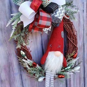 Gnome Christmas Wreath for Front Door Christmas Gnome Decor Grapevine Wreath w/ Gnome Christmas Mantle Decoration Holiday Wreath image 3