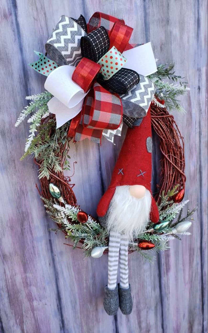 Gnome Christmas Wreath for Front Door Christmas Gnome Decor Grapevine Wreath w/ Gnome Christmas Mantle Decoration Holiday Wreath image 3