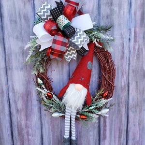 Gnome Christmas Wreath for Front Door Christmas Gnome Decor Grapevine Wreath w/ Gnome Christmas Mantle Decoration Holiday Wreath image 10