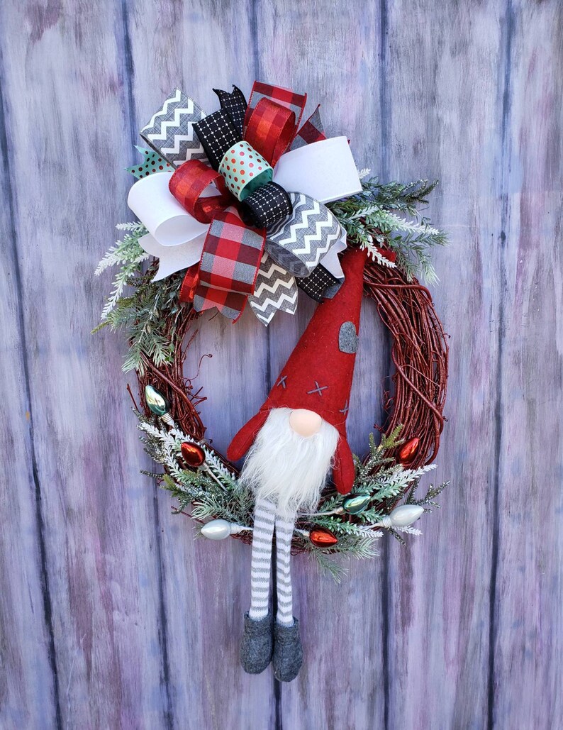 Gnome Christmas Wreath for Front Door Christmas Gnome Decor Grapevine Wreath w/ Gnome Christmas Mantle Decoration Holiday Wreath image 10