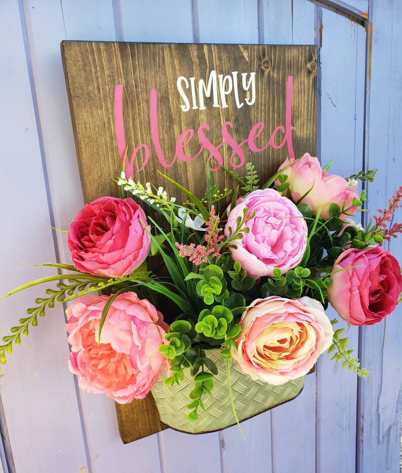 Simply Blessed Wood Sign with Flowers Floral Wall Pocket Etsy