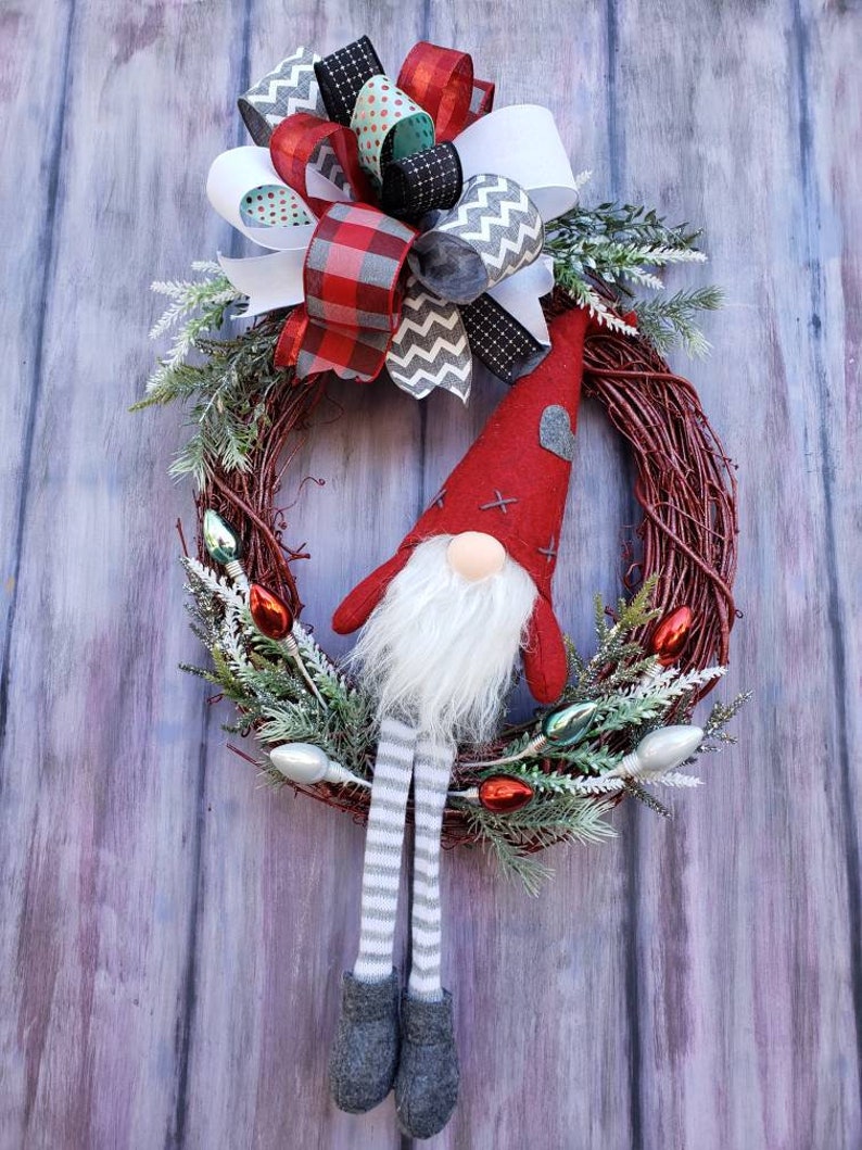 Gnome Christmas Wreath for Front Door Christmas Gnome Decor Grapevine Wreath w/ Gnome Christmas Mantle Decoration Holiday Wreath image 5
