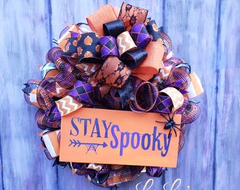 Halloween Wreath for Front Door- Decoration for Halloween Party- Small Halloween Wreath- Stay Spooky Purple, Orange, Black Halloween Decor