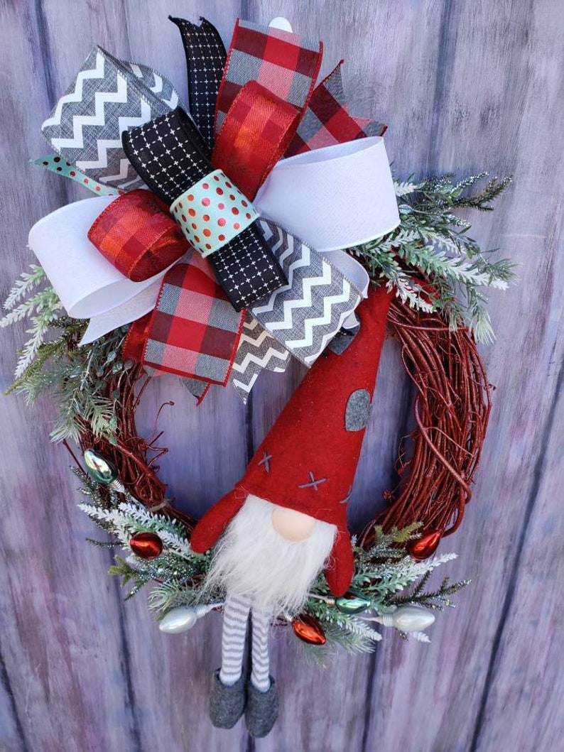 Gnome Christmas Wreath for Front Door Christmas Gnome Decor Grapevine Wreath w/ Gnome Christmas Mantle Decoration Holiday Wreath image 4