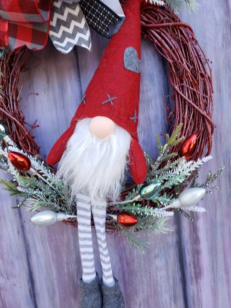 Gnome Christmas Wreath for Front Door Christmas Gnome Decor Grapevine Wreath w/ Gnome Christmas Mantle Decoration Holiday Wreath image 6