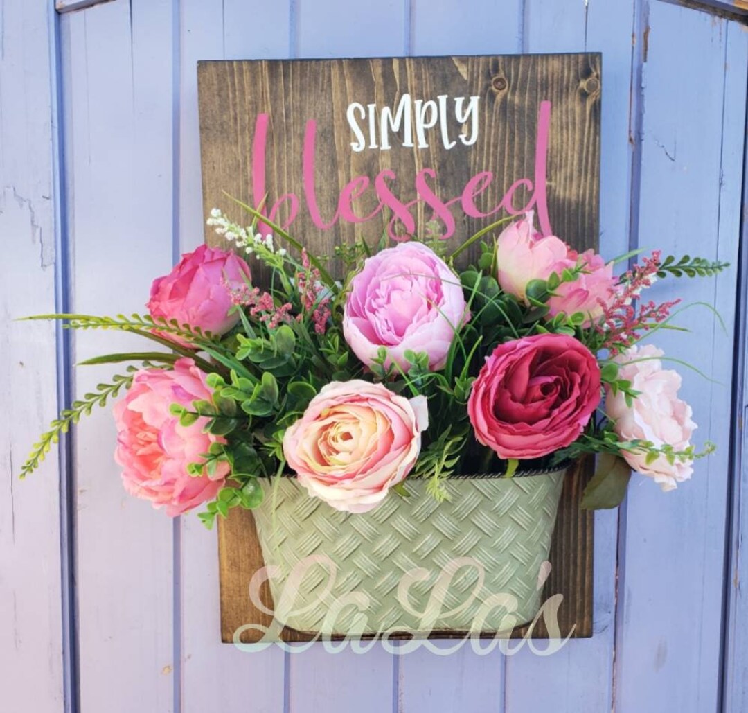 Simply Blessed Wood Sign With Flowers Floral Wall Pocket Pink Fuschia Roses Unique Wall Decor