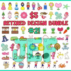 May include: A collection of 50 embroidery designs in a variety of colors and themes, including flowers, animals, food, and holiday designs. The designs are in a JEF format and are perfect for use with embroidery machines. The text "$5 RETIRED DESIGN BUNDLE #2!" is displayed on the image.