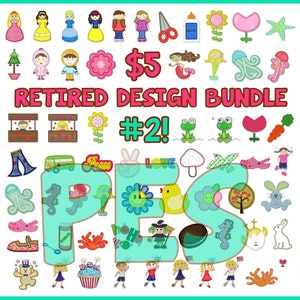 May include: A collection of 50 retired embroidery designs for $5. The designs include a variety of themes, such as flowers, animals, and holidays. The designs are in PES format.