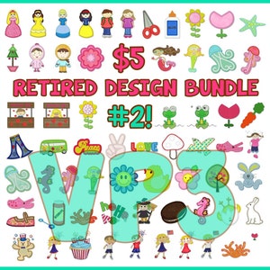 May include: A colorful digital embroidery design bundle with the text "$5 Retired Design Bundle #2!" and the letters "VPS" in a large font. The bundle includes a variety of designs, including flowers, animals, food, and holiday themes.