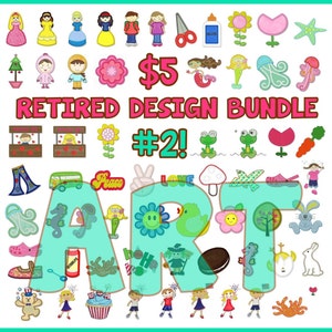 May include: A collection of 50 colorful embroidery designs featuring various themes, including flowers, animals, food, and more. The designs are arranged in a grid pattern and are labeled "$5 Retired Design Bundle #2! ART".