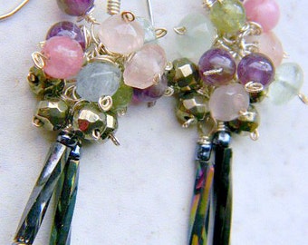 Cluster gemstone earrings, Sterling silver Dangle earrings