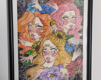 May include: Watercolor painting of three women with long hair, each with a different hair color: red, pink, and blonde. They are surrounded by flowers, including sunflowers, lavender, and a purple flower. The background is a dark blue with gold glitter.