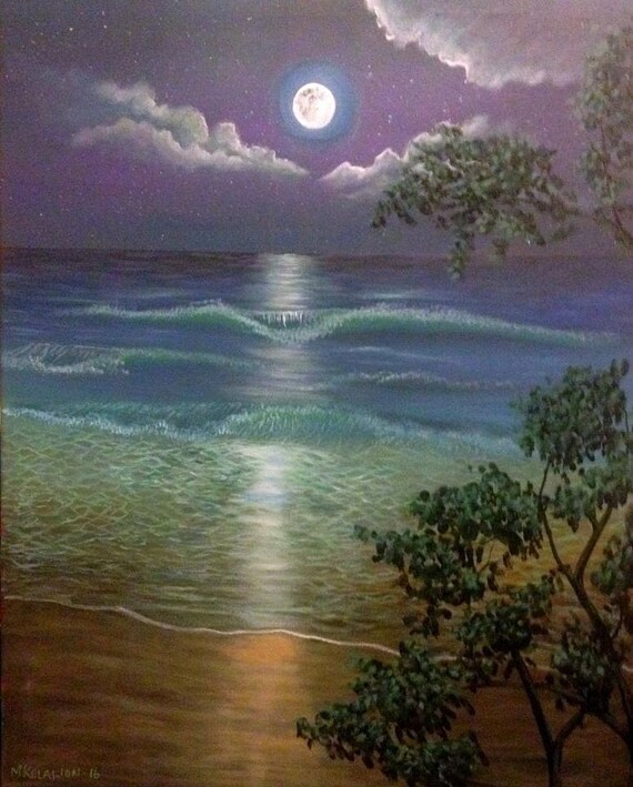 Acrylic Painting Of Beach At Night Etsy