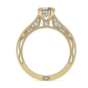 May include: A gold engagement ring with a large, clear central stone. The ring has a detailed design with smaller accent stones and a beaded pattern along the band. The ring's setting is ornate and elegant.