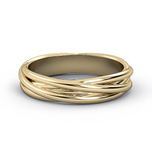 May include: A gold wedding band with a braided design.