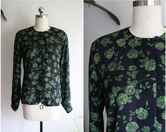 Vintage 90s Sheer Dark Floral Gothic Grave Rave Dreamy Top sz S M art goth Roses Button Up Shirt