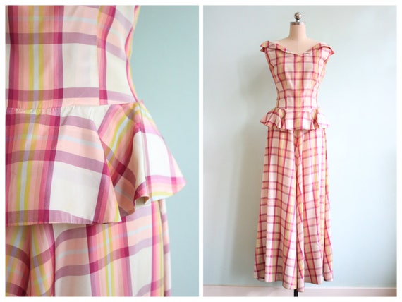 Vintage 1930s Pink Plaid Peplum Gown | Size Small - image 1
