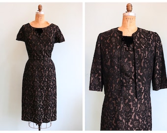 Vintage 1960's Black and Pewter Brocade Dress and Jacket | Size
