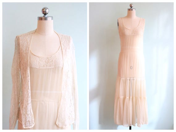 Vintage 1930s Ivory Chiffon and Lace Dress Set | S