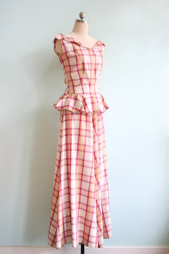 Vintage 1930s Pink Plaid Peplum Gown | Size Small - image 4